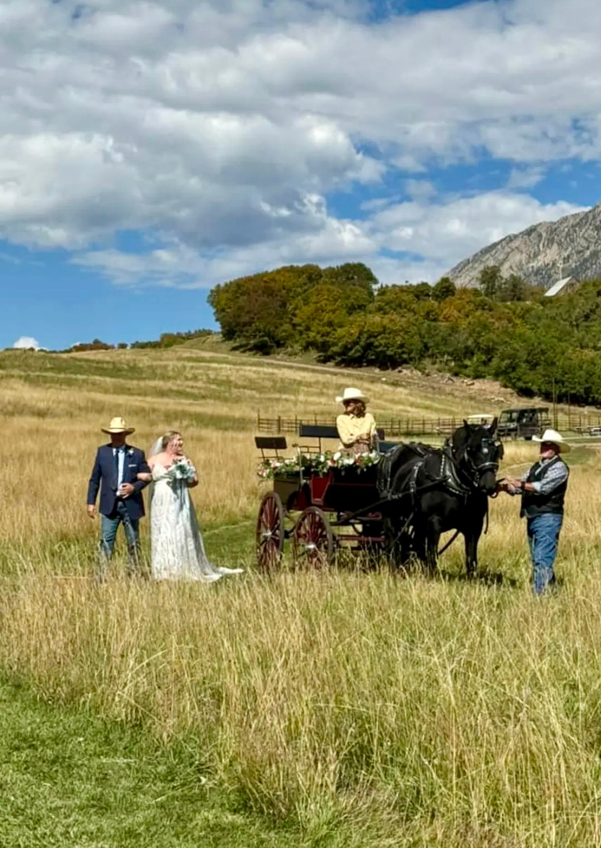 Bride with family and horse-drawn carriage against Ragged Mountain backdrop